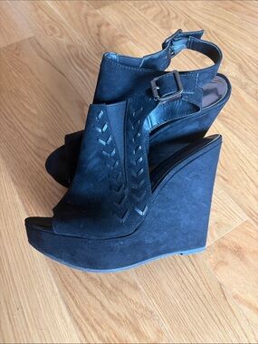 Carlos by Carlos Santana Black Suede Peep-Toe Wedge Sandals